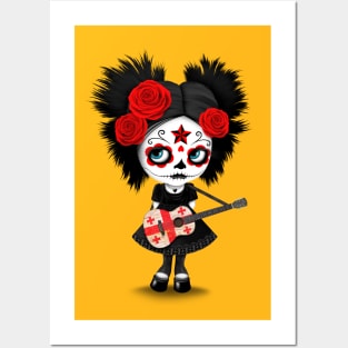 Sugar Skull Girl Playing Georgian Flag Guitar Posters and Art